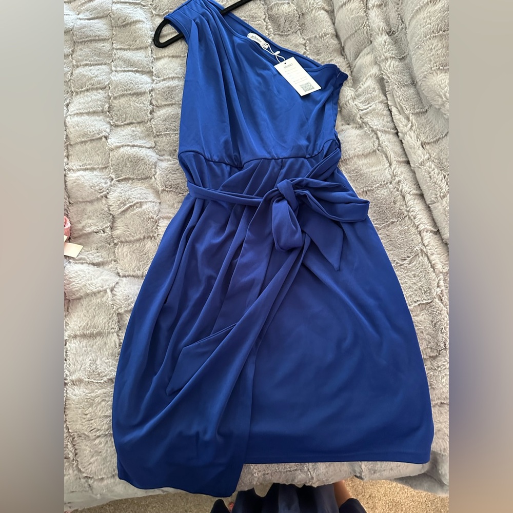 One-Shoulder Royal Blue Dress with Waist Tie